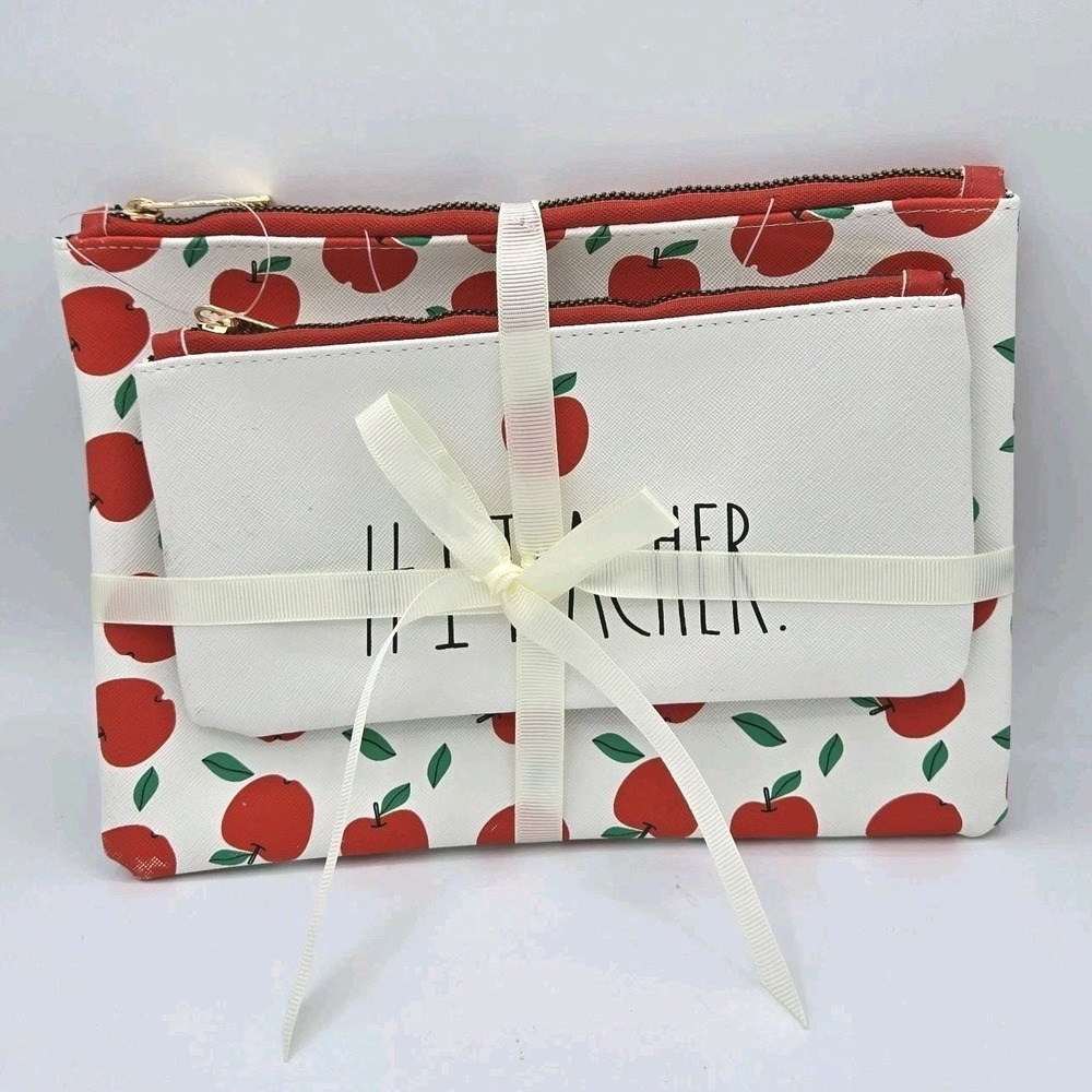 Rae Dunn Teacher Appreciation Themed Pencil Pouch Set Apple Print Gift‎ New